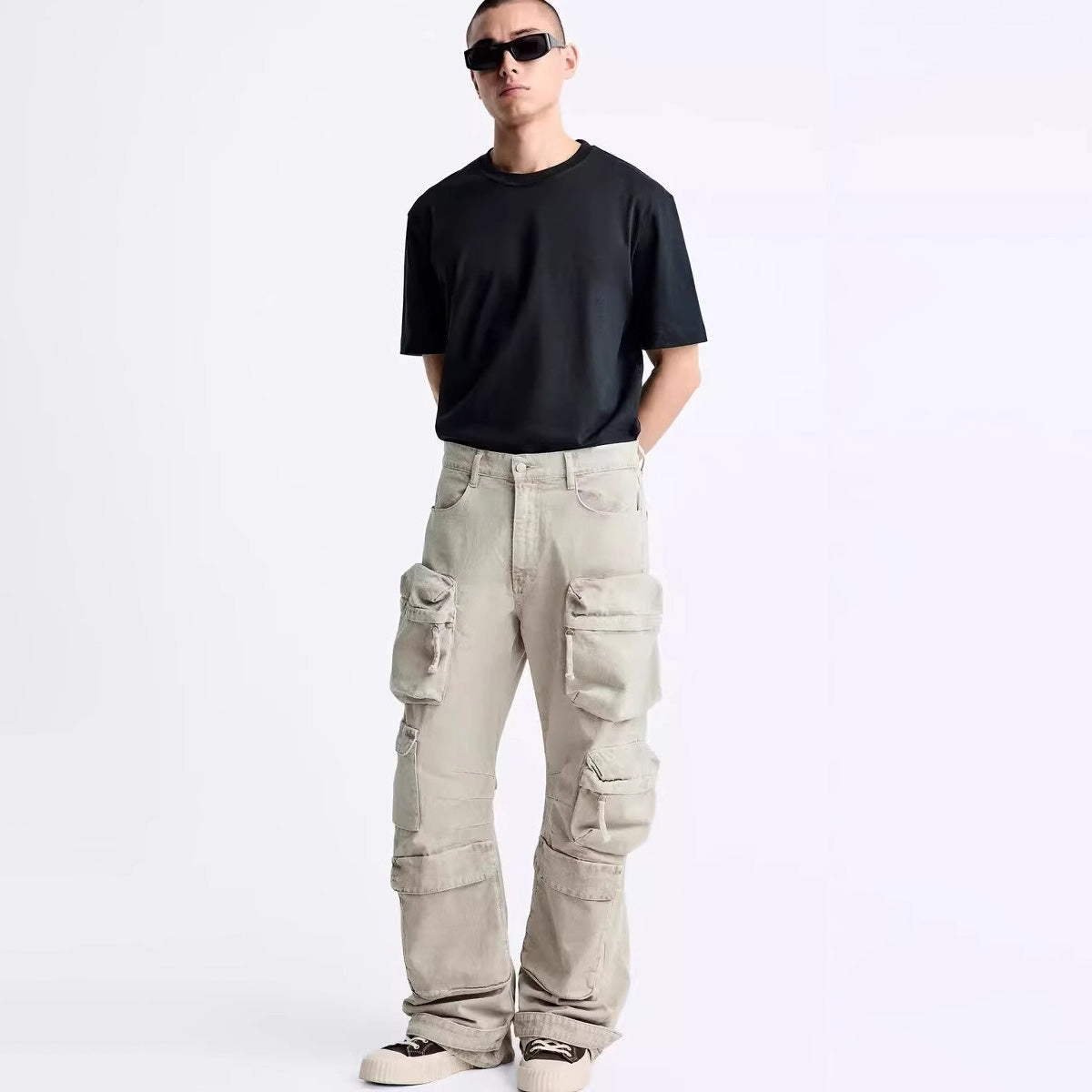 Jean cargo ample à poches et jambes larges pour homme, kaki