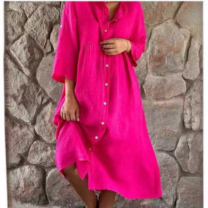 Summer Women Casual Solid Color Button Dress