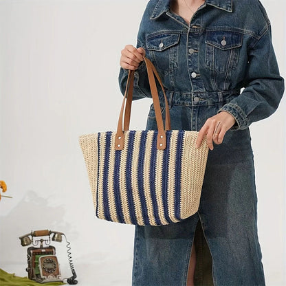 Women Casual Contrast Color Straw Woven Beach Tote Bag