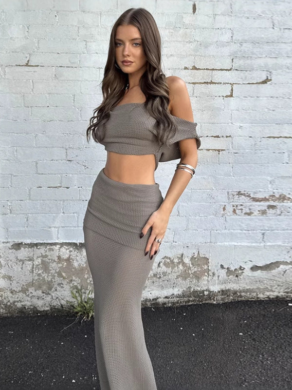 Conjunto de top corto y falda con hombros descubiertos de color liso sexy para mujer