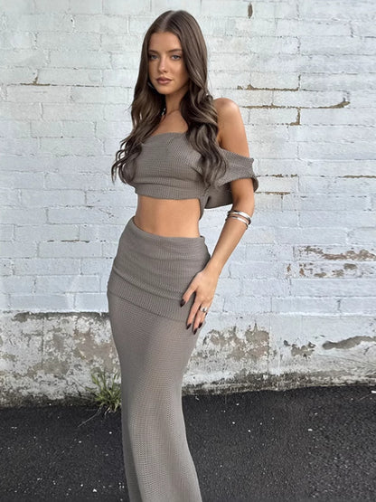 Conjunto de top corto y falda con hombros descubiertos de color liso sexy para mujer