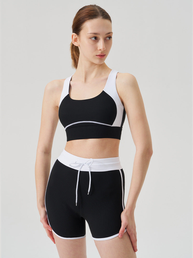 Women Fashion Contrast Color Backless Tank Top and Shorts Two-Piece Set