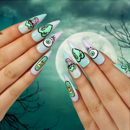 Mode femme Halloween étoile tachée coeur vert globe oculaire lèvres faux ongles