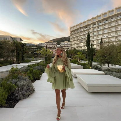 Vestido mini de verano con volantes y manga larga para playa para mujer