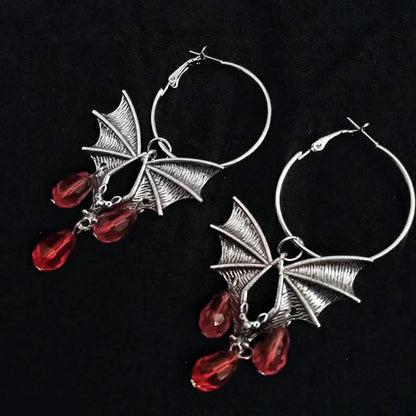 Halloween Gothic Red Vampire Bat Glass Crystal Earrings