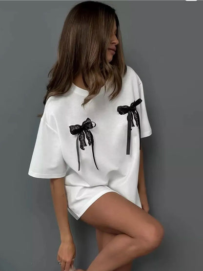 Summer Three-Dimensional Bow Lace Short-Sleeved T-Shirt