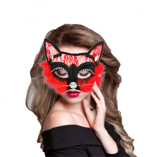 Máscara de media cara de diamante con diseño de gato y encaje para Halloween