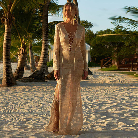 Women Boho Vacation Beach Knitted Maxi Dress Coverup