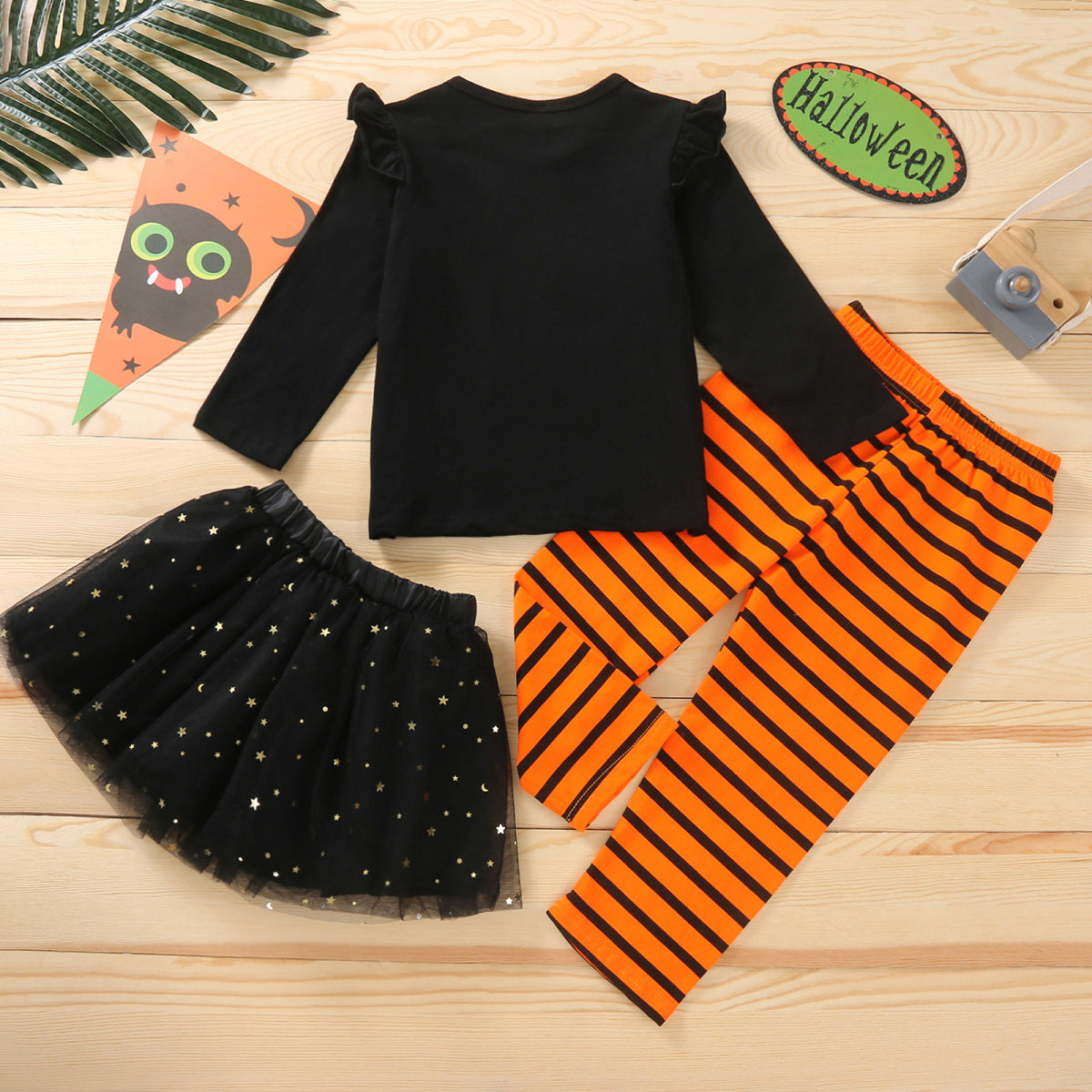 Conjunto de camiseta y falda con estampado de letras de Halloween para niñas pequeñas
