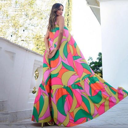 Fashion Summer Women's Deep V Backless Boho Style Maxi Dress