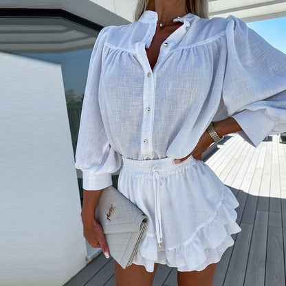 Conjunto de dos piezas formado por camisa, falda y pantalón corto, informal, de lino y algodón, a la moda para mujer