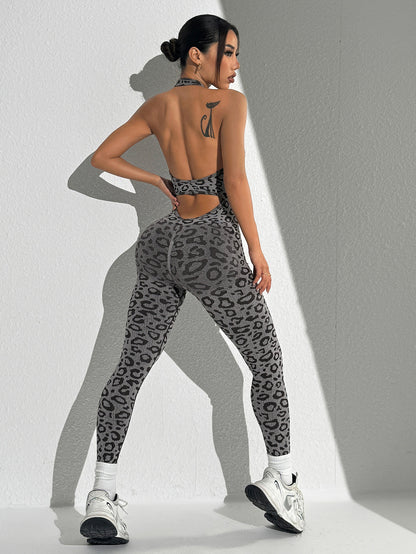Seamless Leopard Printed Women Tight Halter Neck Yoga Jumpsuits