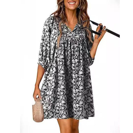 Women Fashion Casual Boho Floral Printed V-Neck Lantern Sleeve Dress