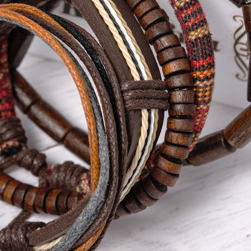 Vintage Woven Wooden Beads Wax Rope Bracelet - Unisex Retro Style