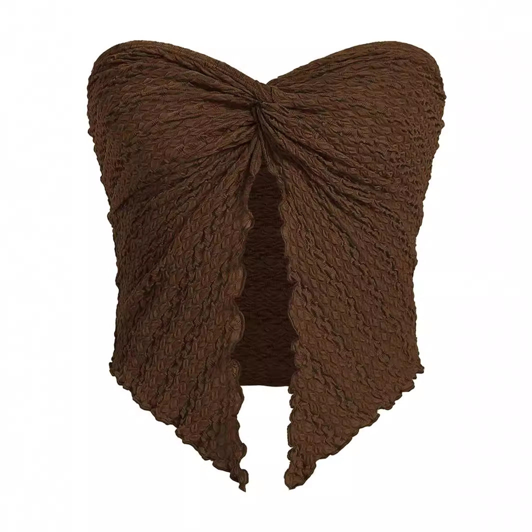 Women Fashion Sexy Solid Color Pleated Split Crop Top