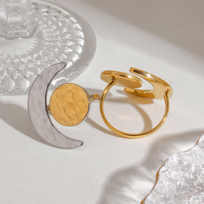 Bague ajustable créative en or 18 carats avec motif lune et soleil martelé pour femme