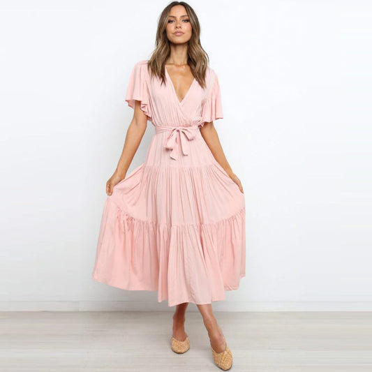 Summer Women Fashion Bohemian Style V-Neck Short Sleeve Maxi Dress