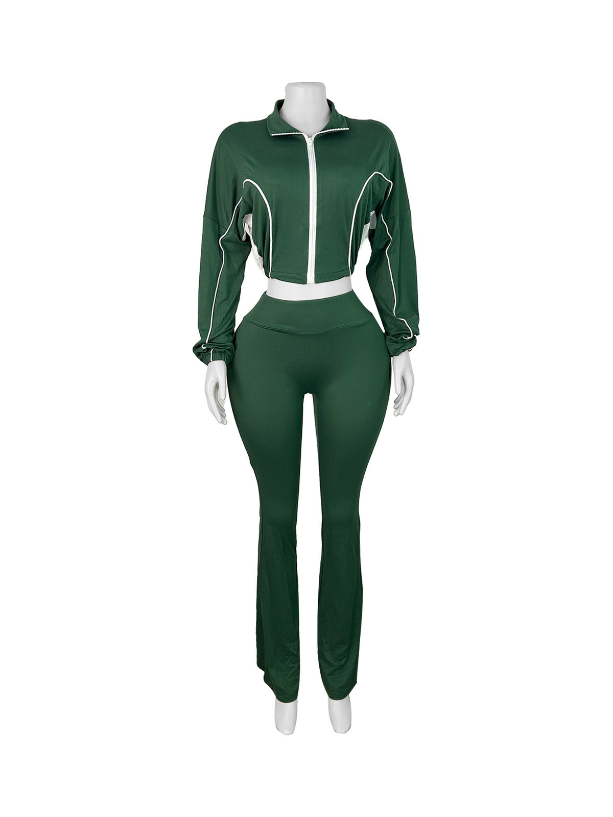 Fashion Women Double Stitching Contrast Color Zipper Crop Top and Wide-Leg Pants Set