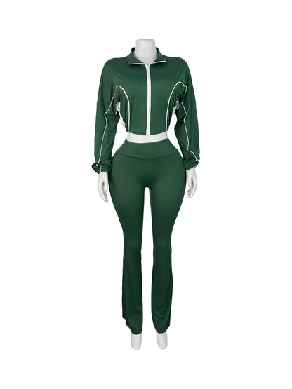 Fashion Women Double Stitching Contrast Color Zipper Crop Top and Wide-Leg Pants Set