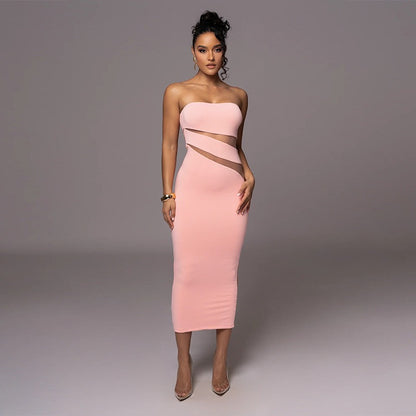 Women Fashion Elegant Solid Color Strapless Dress