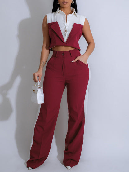 Ensemble chemise et pantalon sans manches pour femme, color block, polyester et élasthanne