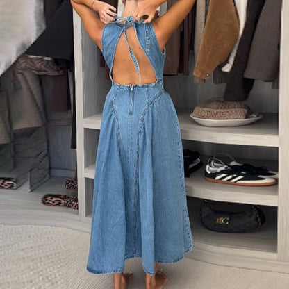 Women Fashion Sexy Solid Color Sleeveless Backless Denim Dress