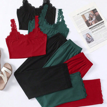 Ensemble pyjama haut court et pantalon ample en dentelle de couleur unie pour femme