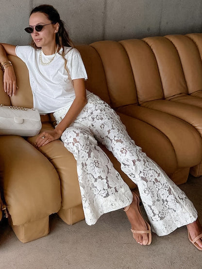 Pantalones acampanados calados de jacquard con encaje sexy a la moda para mujer