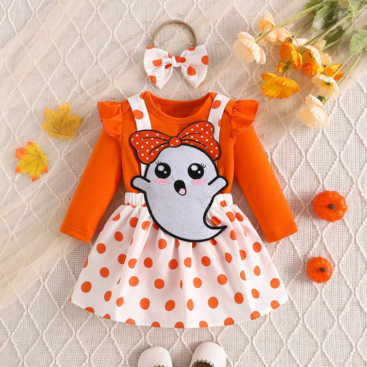 Kids Baby Girls Casual Ghost Embroidery Romper Set