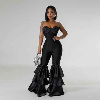 Women Fashion Sexy Strapless Ruffled Jumpsuit