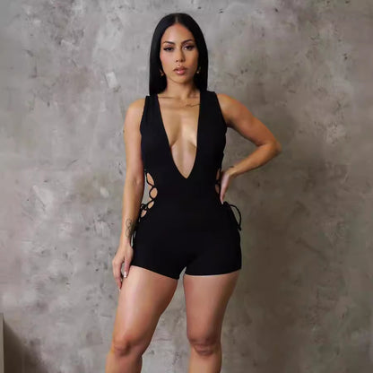 Combinaison sexy à col en V profond et couleur unie pour femme