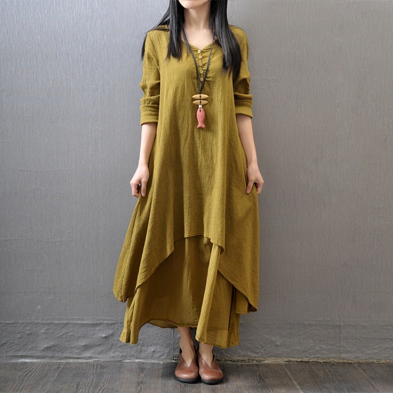 Vestido de lino de color liso literario de moda para mujer