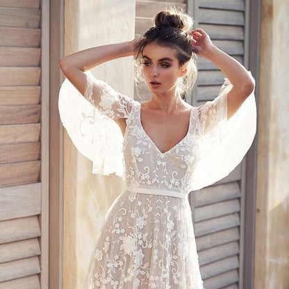 Women Elegant Lace Embroidered V-Neck Backless Party Dress