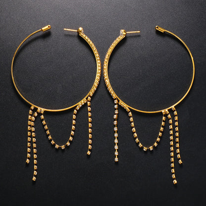 Women Fashion Simple Irregular Ring-Shaped Rhinestone Tassel Earrings