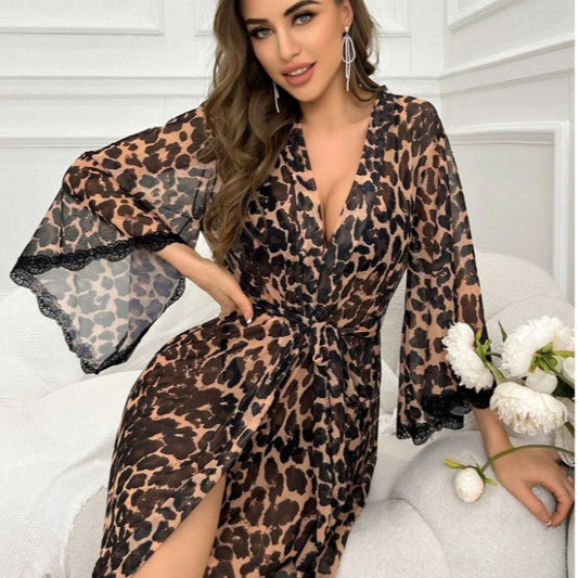 Women Fashion Leopard Mesh Long-Sleeve Pajama Set