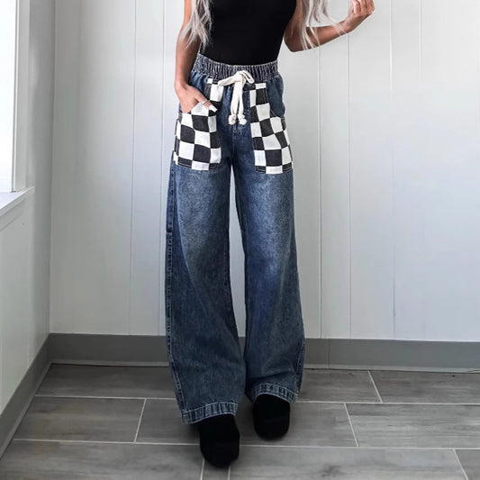 Women Fashion Casual Plaid Stitching Contrast Loose Jeans
