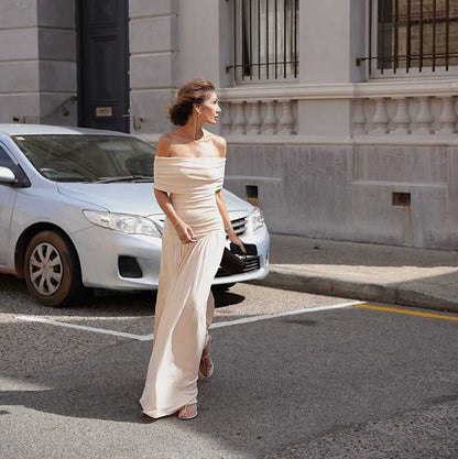 Women Elegant Solid Color Off-Shoulder Maxi Dress
