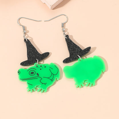 Halloween Women Fashion Creative Funny Acrylic Witch Hat Frog Earrings