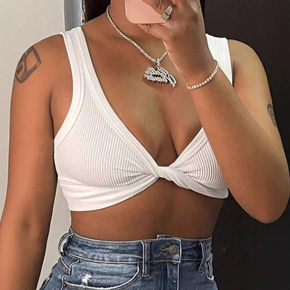 Women Sexy Solid Color Knotted Crop Top - Polyester Slim Fit