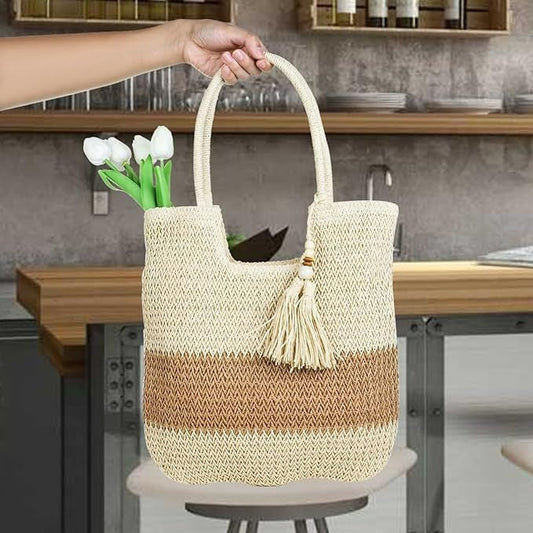 Women Casual Contrast Color Straw Woven Tote Bag