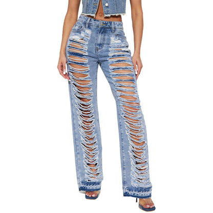Jean évasé en denim micro-extensible déchiré pour femme, bleu ciel