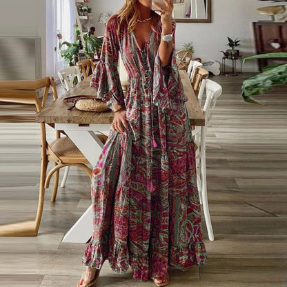Women Fashion Casual Bohemian Tiny Flower Print V-Neck Horn Sleeve Maxi Dress