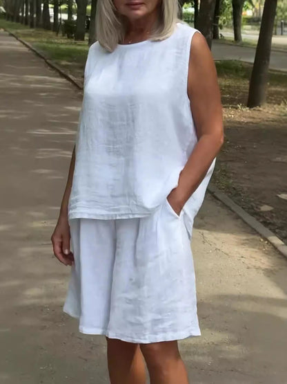 Conjunto de camiseta sin mangas informal de algodón y lino para mujer