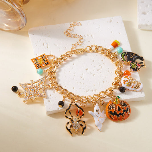 Pulsera navideña con colgante de araña fantasma, calavera y calabaza de Halloween