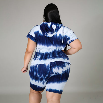 Women Casual Tie-Dye Shorts Two-Piece Set with Hoodies