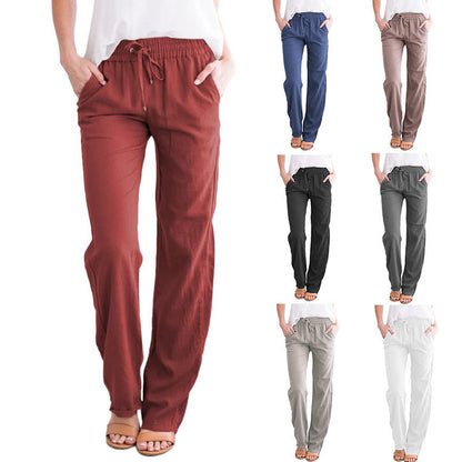 Women Casual Solid Color Cotton Linen Drawstring Pants