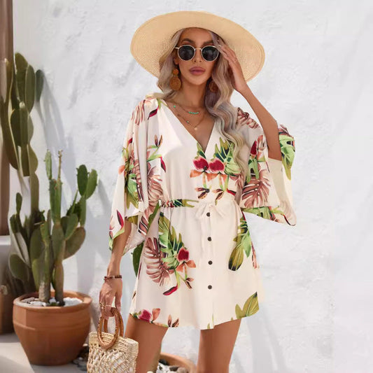 Robe décontractée à imprimé feuilles pour femme, idéale pour les vacances d'été