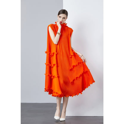 Women Solid Color Pleated Chiffon Dress