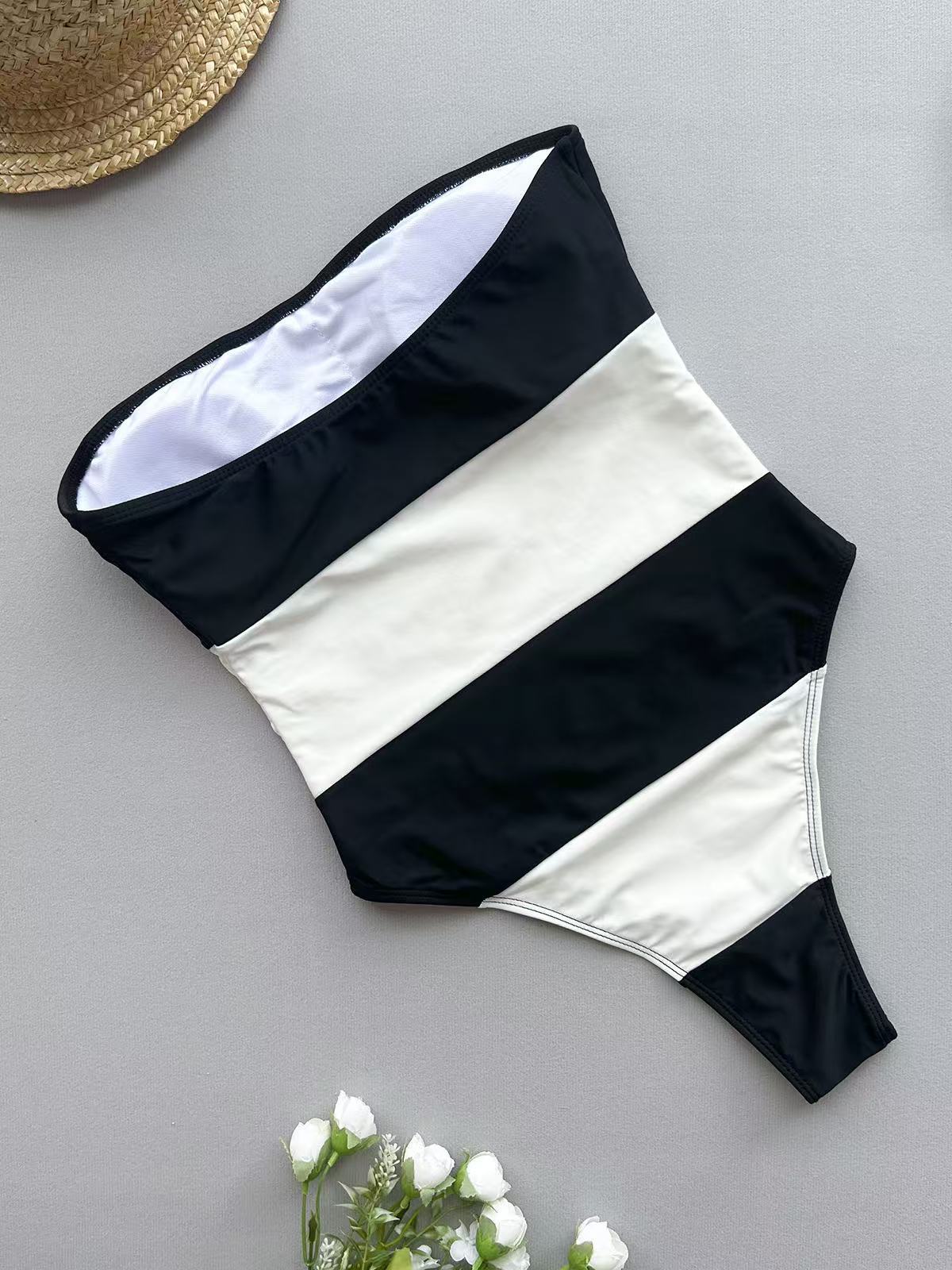 Women Fashion Sexy Colorblock Stripe One-Piece Swimsuit