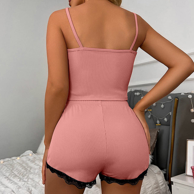 Summer Women Fashion Pajamas Color Contrast Milk Silk Suspender Set